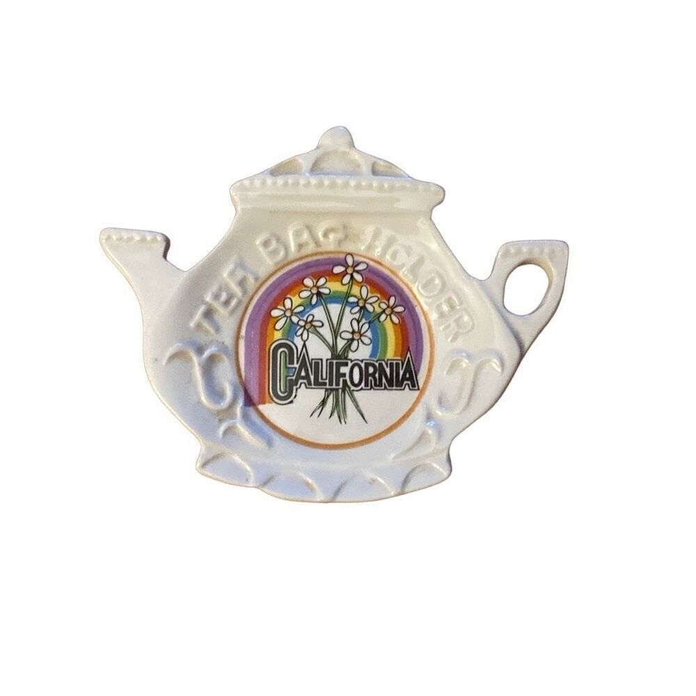 Vintage Rare California Porcelain Tea Bag Holder Rainbow Daisy